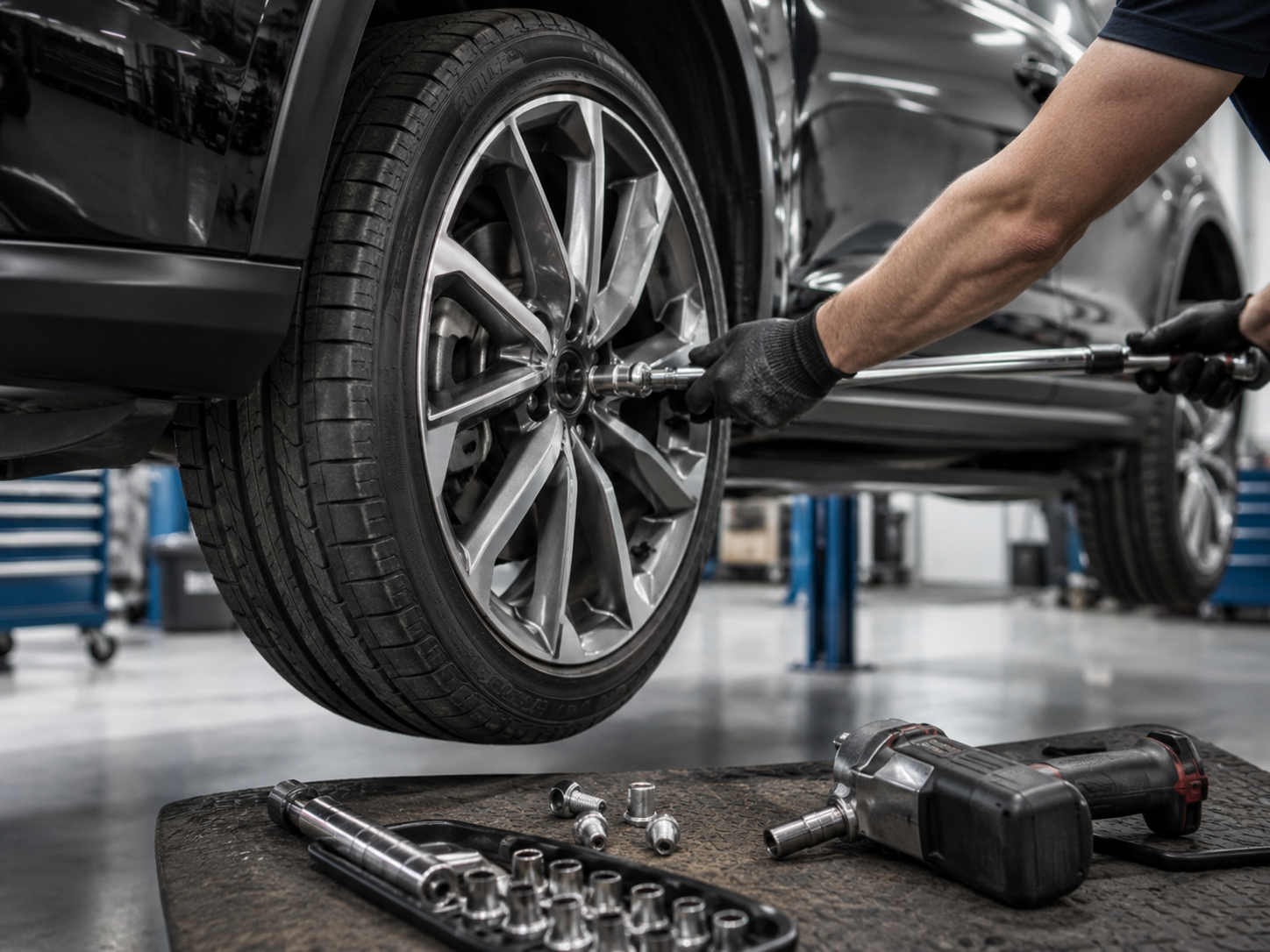 Reifenservice mit Drehmomentschl&uuml;ssel in der Werkstatt